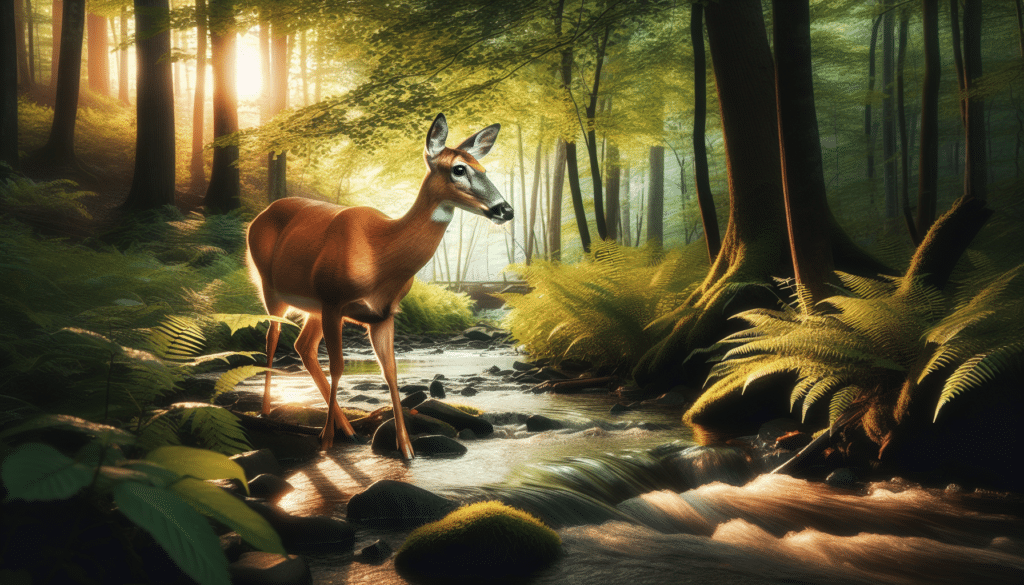 A white-tailed deer in its natural habitat in Columbia County. The majestic creature is cautiously sipping water from a creek encircled by dense, verdant forests. The light of the setting sun filters through the leaves, casting a golden glow on the scene. The deer's alert features and heightened senses capture the essence of wildlife and reflect a fundamental aspect of deer behavior in nature. Note, the image abstains from including any humans, texts, or brand logos, emphasizing the purity of the fauna and its surroundings.