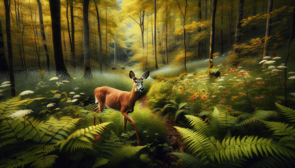 A high-quality nature photograph capturing the diverse Kentucky wildlife. The photograph is centred around a deer, showcasing its noble majesty. The deer strides through verdant, deciduous Kentucky forest, dotted with blooming wildflowers and thick, green ferns. Subtle hints of danger are evident in the deer's cautious gaze scanning its surroundings. The autumnal palette in the background comprises rich earthy tones, radiating an aura of calmness as well as alertness. The surrounding wilderness is teeming with life: birds fluttering, squirrels darting, and the sporadically sighted elk in the farther distance. No people, logos, or brand names are visible in the image.