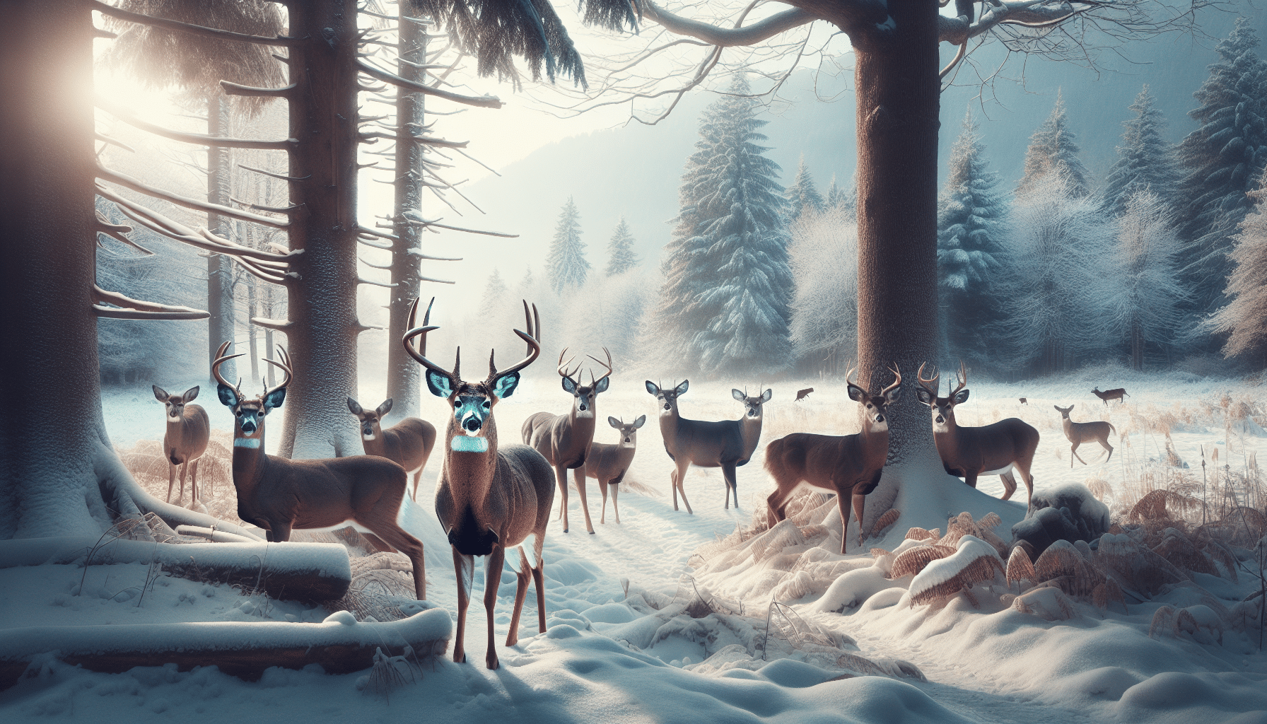 Generate a professional wildlife photograph that revolves around the theme of deer in their natural environment. The image should represent the month of January, characterized by a winter setting around the region of Cranbrook. The scenery should primarily consist of deer that look healthy to symbolize the combat against Chronic Wasting Disease. The image should include elements of nature such as trees, snow-covered grounds, and perhaps other wildlife that thrive in these cold conditions. Please ensure that no humans, text, or brand logos are present in this image.