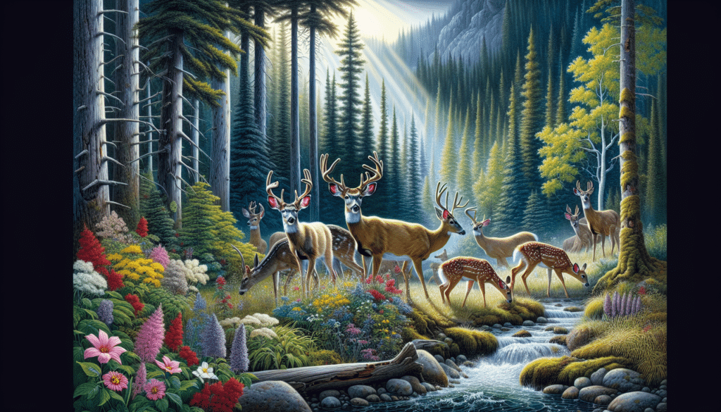 Create a detailed image of a wildlife scene that encapsulates the atmosphere of Grand Forks, B.C, focusing on its rich flora and fauna. The spotlight must be on a group of White-Tailed Deer in their natural habitat, one of them should appear weakened with symptoms of Epizootic Hemorrhagic Disease to represent the recent outbreak. The surrounding environment should be lush green, with towering trees, colorful flowers, and a sparkling stream nearby. Ensure no people, text, brand names or logos are included in the image to keep attention wholly on the wildlife and nature.