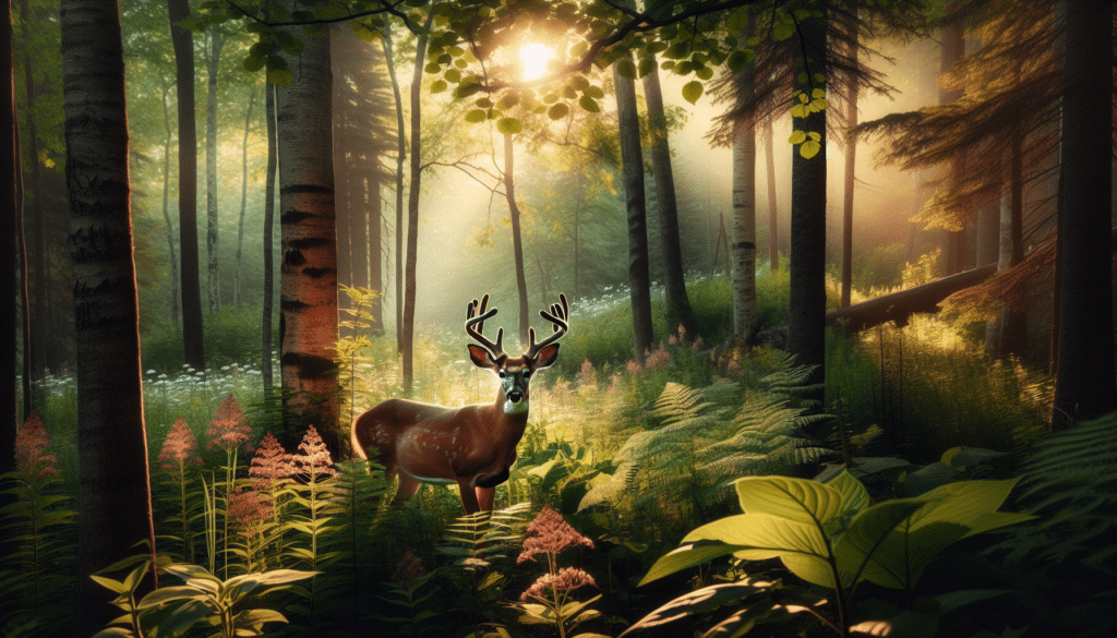 A high-resolution image capturing the serene aura of the wildlife near Grand Forks. An adult Whitetail deer can be seen standing gracefully amidst the diverse flora, underneath the soft sunlight filtering through the canopy of leaves from tall trees surrounding the area. The deer has an elegant stature, with its antlers held high, displaying the exquisite details of wildlife. The ambiance should echo a natural and untouched environment, free of human presence or intervention. No symbols, text, or identifiable brand names and logos should be featured in the image.