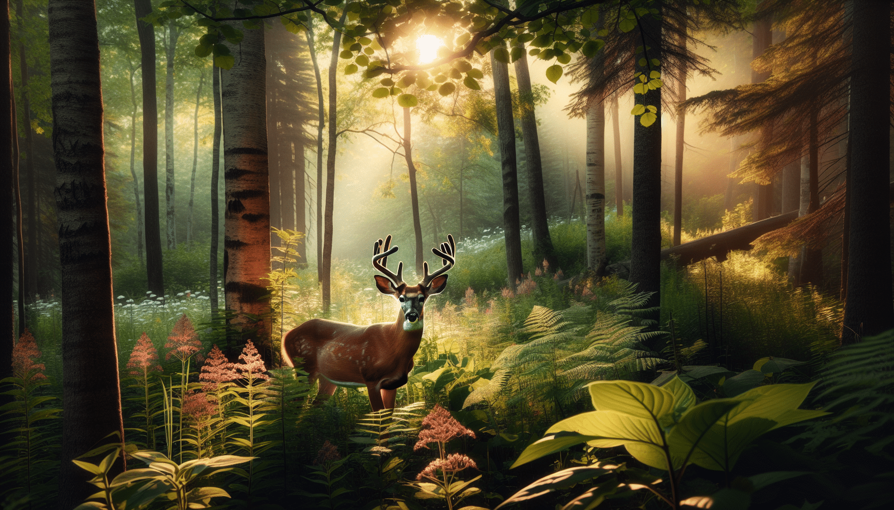 A high-resolution image capturing the serene aura of the wildlife near Grand Forks. An adult Whitetail deer can be seen standing gracefully amidst the diverse flora, underneath the soft sunlight filtering through the canopy of leaves from tall trees surrounding the area. The deer has an elegant stature, with its antlers held high, displaying the exquisite details of wildlife. The ambiance should echo a natural and untouched environment, free of human presence or intervention. No symbols, text, or identifiable brand names and logos should be featured in the image.
