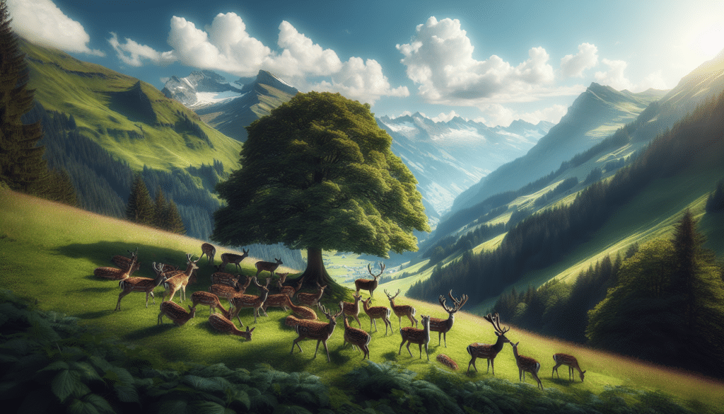Create a detailed and professional-level image that would be suitable for a wildlife photography article. The photography should focus on a pristine and serene scene of Deer Valley. Possible elements to include are a grouping of grazing deer under a majestic tree, with green mountain slopes fading into the background. Overhead, the sky is a clear blue with a handful of fluffy, white clouds lazily drifting by. The lush greenery of the valley contrasts with the rugged, slightly snow-capped mountain peaks visible in the distance. No humans, brand names, logos, or text should be visible in the scene. Maintain a sense of luxury, tranquility and natural beauty throughout the composition.