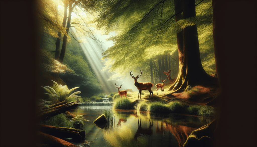 Generate a serene wildlife image that focuses on deer in their natural habitat for a conservation article. The scene should incorporate rich, verdant greenery and majestic deer roaming peacefully in the wilderness. Aim to capture the beauty of deer in a setting that exemplifies the art of wildlife photography. Consider elements such as the play of sunlight filtering through the trees or the reflection of the deer on a tranquil body of water. The image should be void of any form of text or logos. There should be no human presence or anything suggestive of hunting in the scene.
