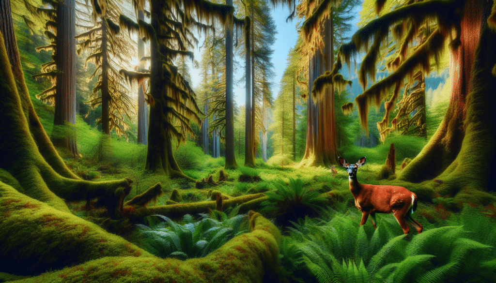 A serene wildlife scene in the heart of a lush forest, home to a wide array of wildlife. In the foreground, a deer stands gracefully among the clusters of towering trees, its coat russet against the greenery. The forest floor is carpeted in vibrant ferns and mosses, offering a rich tapestry of textures and colors. Meanwhile, the azure sky peeking through the tree canopy promises a beautiful day ahead. This image captures the tranquil beauty and abundant wildlife of the threatened Deer Creek habitats. Please refrain from including any human presence, text, or brand logos within the image.