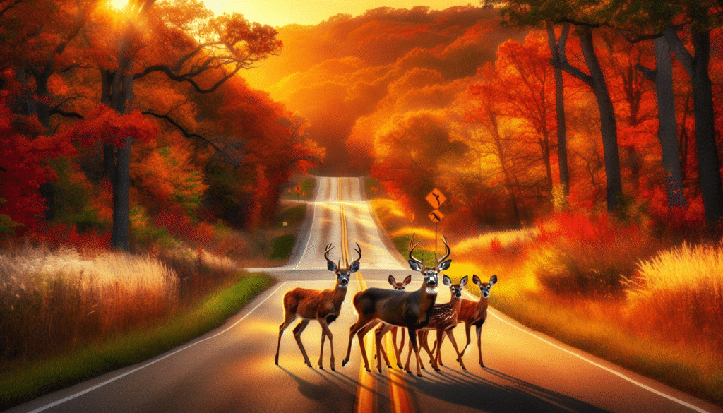 A breathtaking image that encapsulates the warning to Missouri drivers regarding deer activity during the Fall wildlife season. The setting is a serene Missouri countryside road, winding through vibrant, autumn-leaved trees with the sun setting in the backdrop, intensifying the oranges, reds, and yellows in the surroundings. A family of deer, composed of a mature stag and doe with their young fawns, cautiously crosses the road amidst the brushy landscape. They appear alert, ears pricked, as they emerge from the foliage onto the road, illustrating the need for increased vigilance during this time of year.