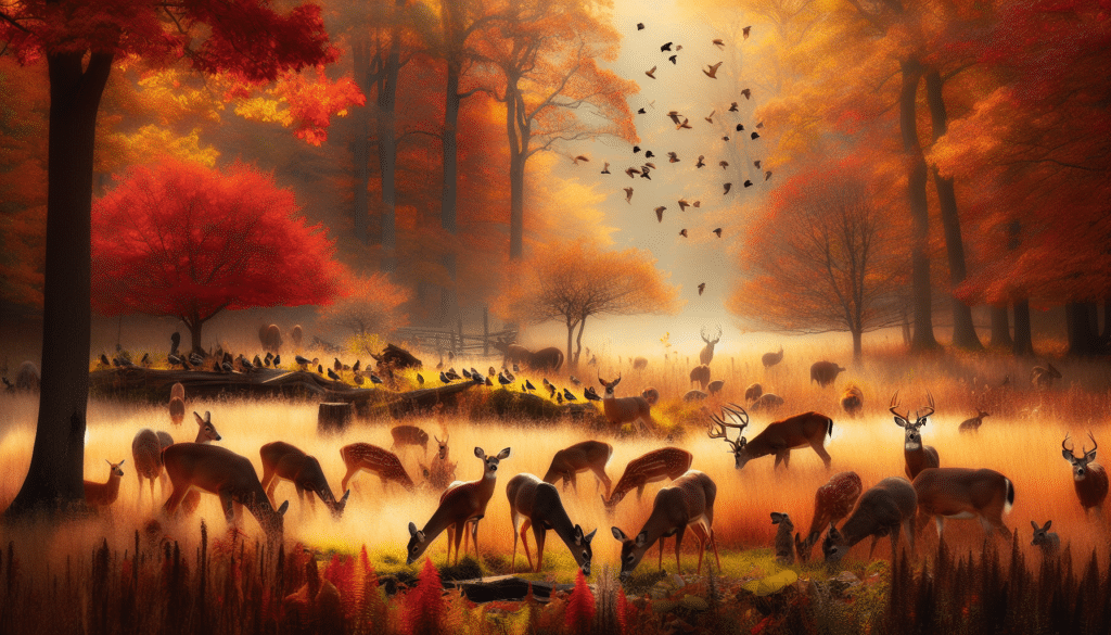 A stunning wildlife photograph showcasing the raw beauty of Hopewell Valley during the fall season. The main focus is on a herd of deer grazing peacefully in a patch of wild grass. The Deer display a variety of ages, from young fawns to mature stags. Behind them, various other wildlife creatures including birds, squirrels, and rabbits can be seen engaging in their daily routines. The landscape is awash with vibrant fall colors - the leaves are a fiery mix of red, orange, and yellow. The air is crisp, and sunlight filters through the leaves, lending a golden hue to the scene. No humans, text items, brand names, or logos are present in this image.