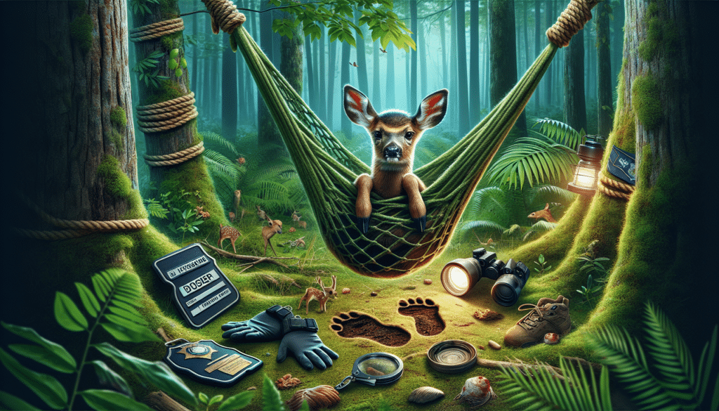 An intense wildlife scene in a lush green forest. A young deer is shown entrapped in a hammock made of natural ropes suspended between two trees. The deer looks frightened and trapped, with the hammock tightened around it. Near the deer are badges and items implying the presence of law enforcement officers without displaying them directly. Show their tools: flashlights, gloves, and footprints, symbols of their unseen handywork. The forest around is vibrant, filled with diverse plants and small species to enhance the nature vibe. No presence of people, texts, brand names, or logos.