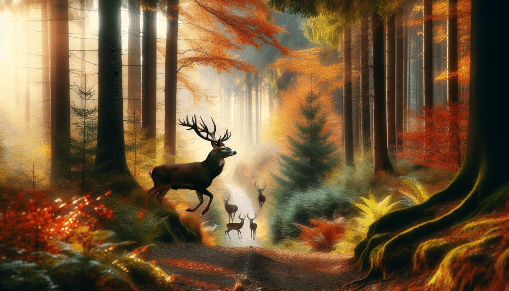 Create an image showcasing a serene forest landscape during the colorful fall season of late October, with strong, healthy bucks majestically roaming. The focus is on the vitality of the deer population, expressing the sense of anticipation and excitement in the air for the upcoming youth deer hunt. No humans, text, brand names, or logos are to be included in this scene, maintaining its pristine, natural beauty.