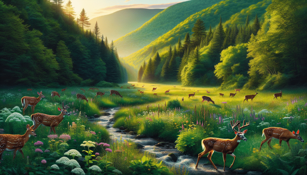 A vibrant wilderness scene representing the inherent beauty of Vermont. Towards the left, a herd of healthy deer, roaming freely across verdant meadows dotted with clusters of wildflowers. In the background, a dense forest of lush greenery, touched by the soft golden light of a setting sun. Strains of a clean, bubbling brook can be heard in the distance. The image captures the essential spirit of wildlife conservation, devoid of any human presence, text, brand names, or logos.