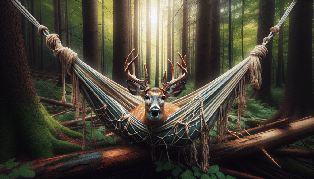 This is a professional wildlife photography image depicting a scene of a rescue operation in nature. Primarily, there's a focus on a beautifully majestic deer, its antlers unfortunately entangled in an incongruous hammock, caught up in its natural woodland habitat of lush forests typical of Michigan. Strands of the hammock are woven irregularly around its antlers, depicting a sense of struggle and entrapment. However, there are no humans to be seen, just the wild, untouched beauty of nature surrounds the creature. The image is completely void of any text, brand names or logos, presenting pure, untamed wilderness at its core.