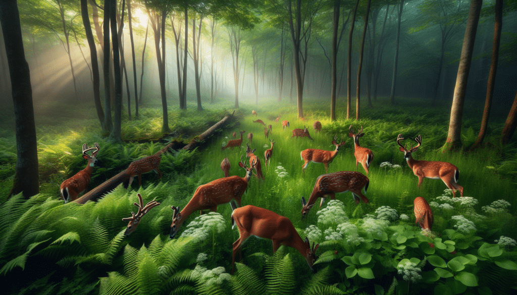 Create a breathtaking natural image capturing the essence of Ohio's rich wildlife, with a pronounced focus on the deer population. The scene should be untouched wilderness, serene and full of vegetation as a testament to the thriving ecosystem. In the foreground, a herd of deer should be peacefully grazing, their healthy majestic frames a testament to their resilience amid an EHD outbreak. Don't include any human figures, brand names, logos, or text anywhere in the image. Let the sheer vibrancy of the wildlife and plants stand out, untouched by the human world.