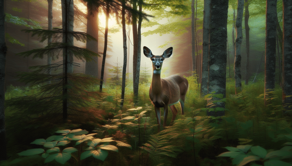 Create a high-resolution image capturing the elegance of a mature white-tailed deer in the pristine forests of Maine. Make it in the style of professional wildlife photography. The deer should be visible among dense trees and foliage, looking alertly at something unseen outside the frame. Dawn or dusk lighting would add to the serene and majestic ambiance of the image. The setting should be unspoiled nature, devoid of any human presence, brand names or logos.