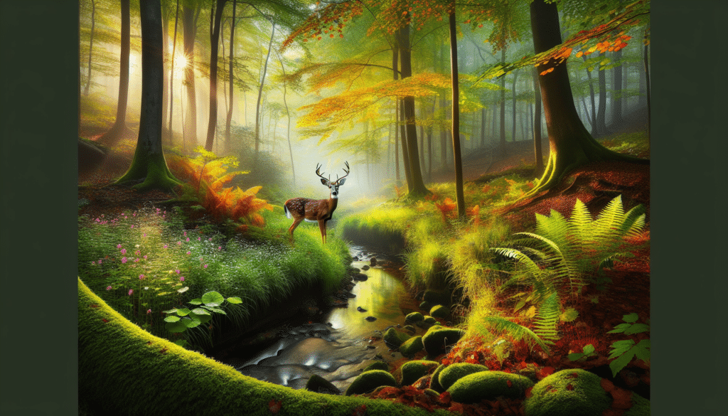 Capture a remarkably serene woodland wilderness at an ethereal time just after dawn. In this vivid and detailed image, a deer, in its natural majestic grace, is faintly lit by the morning sun and stands attentively near a curve of a dense forest stream. The freshness of dew and mist encapsulate the scene with moist green ferns and wildflowers peppering the earthen floor. Fall foliage is brilliantly represented in the background, the leaves of trees revealing a kaleidoscope of colors. All elements should represent an ecosystem of harmonious, unspoiled natural beauty to express the invigorating essence of wildlife and conservation. Remember, no people, brand names, logos, or text within the image.