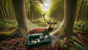 Create an expressive natural scene that showcases a view of a beautiful woodland area in Sussex, England. In the thicket of the woods, outstanding is a majestic fallow buck with antlers, entangled partially in a non-branded, indistinct electric netting - a symbol of human-induced problems faced by wildlife. But give a robe of hope by including an opened rescue box in the foreground, perhaps indicating that help has come. Make sure there are no human figures anywhere in the image, but the environment should vividly depict the circumstances and the triumph of wilderness rescue. Note: the image should be produced in the style of a professional wildlife photograph, focusing on the deer, other surrounding wildlife, and natural scenery.