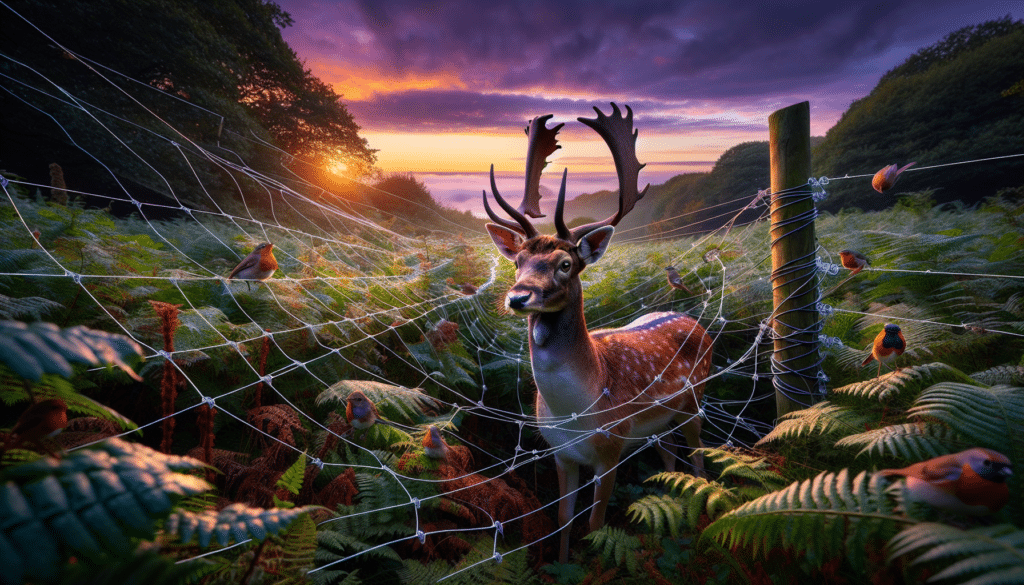 Generate a professional wildlife photography image that presents a dramatic scene in nature. The focus of the image should be on a fallow buck, distinguished by its unique antler formation and tawny coat, entangled in an unpowered electrical netting in the green expanses of Sussex. Surround the main spectacle with various elements of local flora and fauna, such as oak trees, ferns, robins or squirrels. The setting sun should paint the sky with hues of orange and purple, adding a captivating backdrop to the scene. Please ensure there are no people, brand names, logos or text of any kind in the image.