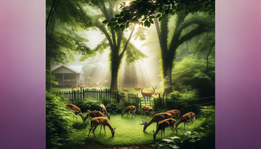 A harmonious wildlife scene in a rural Tennessee backyard, focusing on a group of deer. The grazing deer are highlighted under soft morning light that filters through lush canopies. Overgrown greenery and abundant foliage characterize the environment, exhibiting the regional richness of flora. Underlying tones of overpopulation subtly reflect through the increasing proximity of the deer to the homely fences and structures. The image completely abstains from depicting humans, text, brand names, or logos to maintain a serene and undisturbed natural atmosphere.