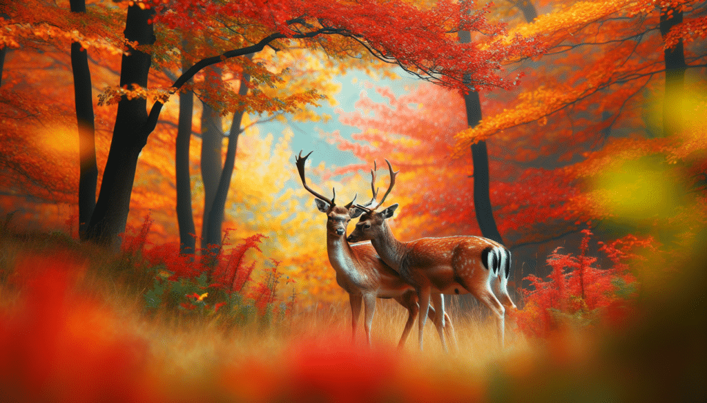 Create a vivid autumnal image of a wildlife scene during the deer mating season. The frame should capture two deers interacting in their natural habitat, surrounded by vibrant fall foliage. The scene should depict a peaceful moment amidst the fall colors with no human influence or interference. No physical or artificial elements such as text, people, logos, or brand names should be present in the image. The focus should be solely on the deers in the midst of nature during the autumn season.