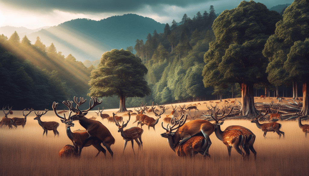 Generate a professional wildlife photography-inspired image for an editorial context. The image should depict an engaging and realistic scene of deer during their peak mating season. Elements such as lush forest or grassland setting, active deer, other wildlife, or nature scenes should be highlighted. Make sure to focus on intricate details, capturing the authentic beauty of the wildlife and the surrounding nature. It's important that the image does not contain any humans, text, brand names, or logos.