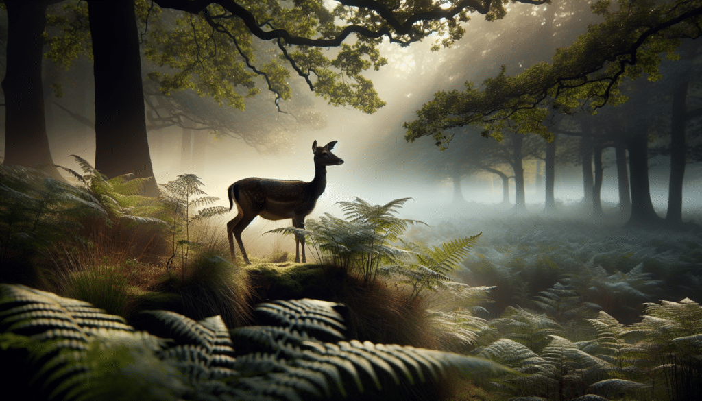 Generate a professional wildlife photography image depicting a tranquil nature scene. The scene should be illuminated by the soft rays of dawn, drawing attention to the focal point: a gracefully alert deer standing on the edge of a misty forest. Accentuate the elegant silhouette of the deer against the lush, dew-kissed foliage, highlighting the harmony between wildlife and nature. It's crucial that the scene contains no human presence, textual content, brand names, or logos, thus ensuring full immersion into the serene wilderness ambiance.