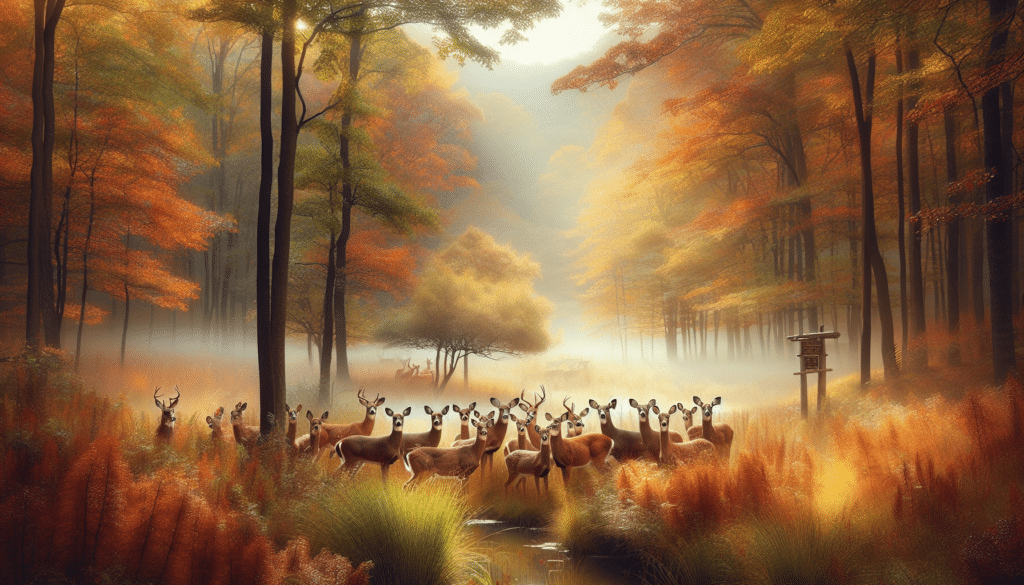 Create an image that captures the serene wild landscapes of Western Pennsylvania. Picture it with vivid autumnal colors and a touch of morning mist. Within this tranquil scene, prominently showcase a herd of deer, beautifully blending with the natural surroundings. Their alert postures illustrating their natural caution and elusiveness. To further hint at wildlife conservation, include a boundary or signage indicating a protected nature reserve. Remember no text, people, or brand logos are to be included in this scenic wildlife image.