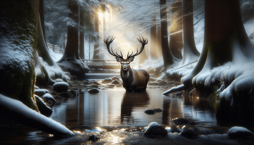 A high-resolution image showing a majestic deer in a cold water creek, foregrounding its beautiful antlers and sleek coat. The scene is set in a serene, snow-dusted woodland, illuminated by natural sunlight peeking through the canopy. This is a professional wildlife photography capturing the enduring spirit of the deer, representing the life and beauty of nature. There are no people, text, or brand logos visible anywhere in the composition, ensuring the focus remains purely on the wilderness and the animal itself.
