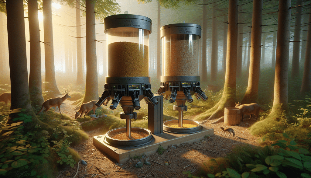 Hyper-realistic image of two automated animal feeders placed in a serene forest setting. On the left, a cylindrical feeder with three spreading attachments at the bottom, filled with feed grains. On the right, a square-shaped feeder with a tapering bottom where the food dispenses, also filled with grains. Both are surrounded by signs of animal activity like tracks and nibbled-off plants. The early morning sunlight filters through the tree canopy, illuminating the scene with soft, warm hues. The hyper-realism should emphasize the natural environment, the texture of the feeders, and the grains within them.
