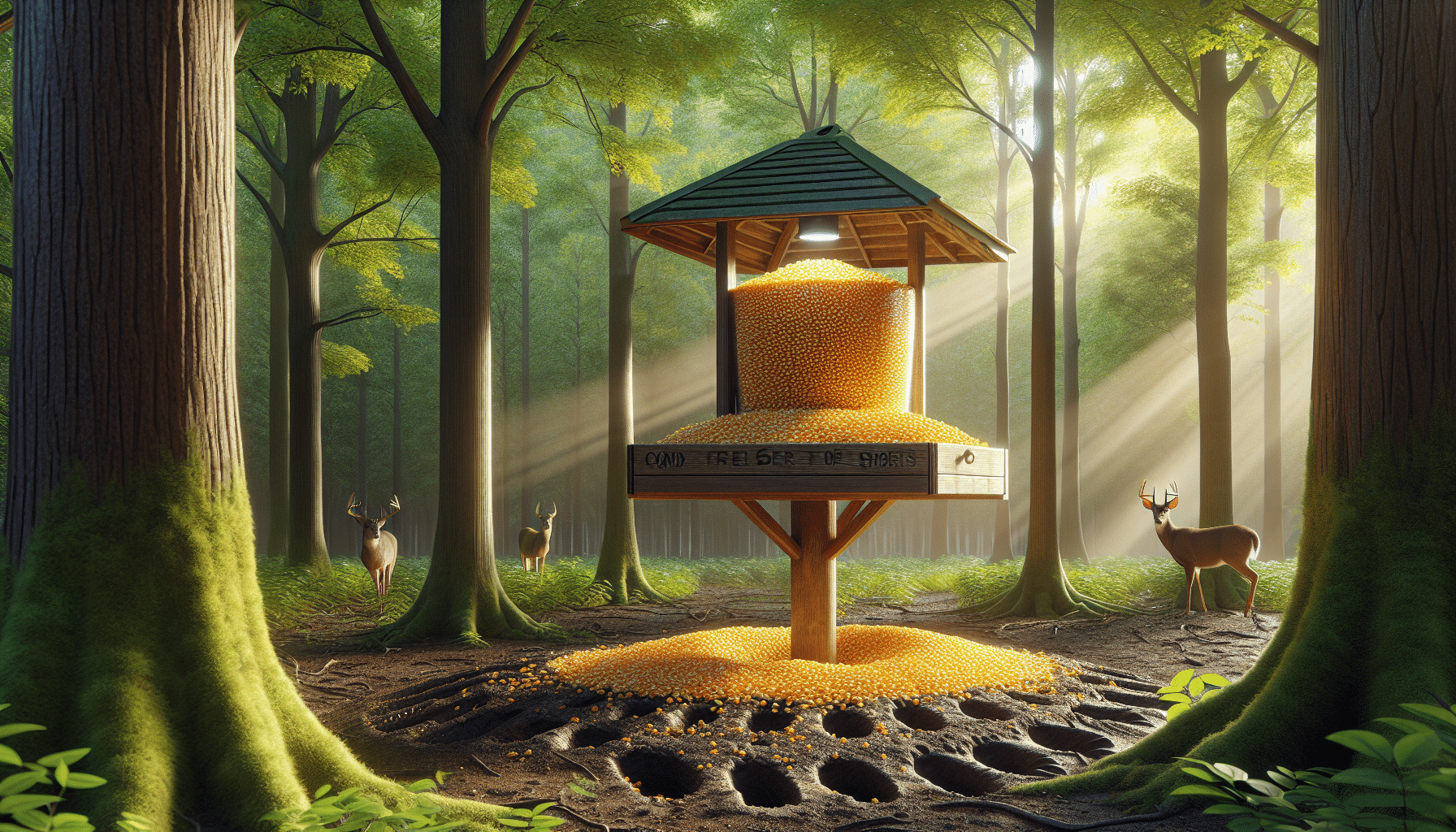 Generate a photorealistic image depicting a deer feeder within a serene forest environment, filled with corn. The feeder appears to contain a considerable amount of yellow-toned kernels, implying robust usage within a week. The feeder should be generic and without any recognized branding. Surrounding the feeder, there are hoof impressions in the soil, suggesting frequent deer visits. The forest setting is tranquil and naturally beautiful, with towering trees and lush green foliage. It is daytime, with rays of sunlight piercing through the vibrant leaves, creating divine light and shadow variations on the scene.