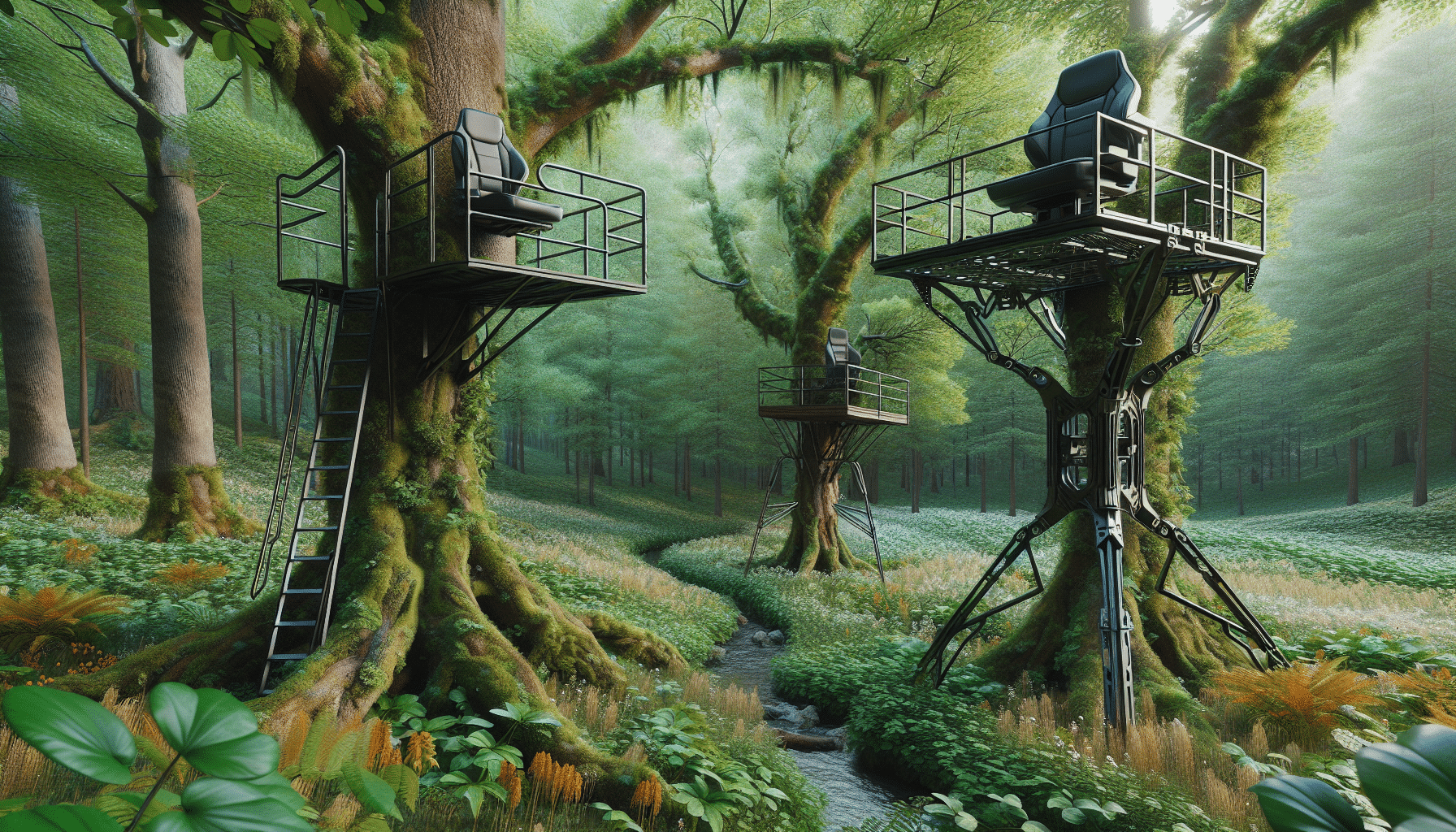 A hyper-realistic representation of two hunting tree stands without any people. The first one is a larger, more robust, advanced model featuring an intricate design with a high seat to provide a superior view. The other is a smaller, compact model with a simplistic, slim design built for portability. Neither has any text or brand logos. They sit within a lush, green forest with richly textured leaves and mossy trunks. Landscape is filled with intricate details to underline realism, including trickling creeks, blossoming wildflowers, and varied, dense foliage.
