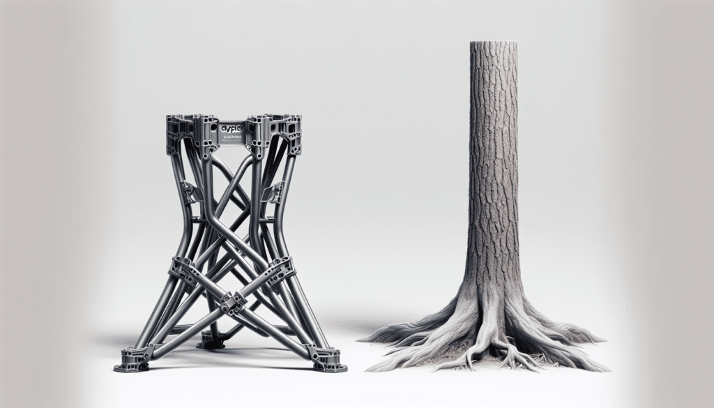 A hyperrealistic image showcasing a side by side comparison of two generic unbranded tree stands, one characterized by its sleek, simple design indicating its lightweight nature, and the other having a more robust structure but appearing to be slightly heavier. They are isolated on a white background. The first, on the left, appears slightly slim and utilizes minimal material - possibly made of lightweight metal or plastic construction, while the second, on the right, gives an impression of a rugged, all-terrain, and more solid build.
