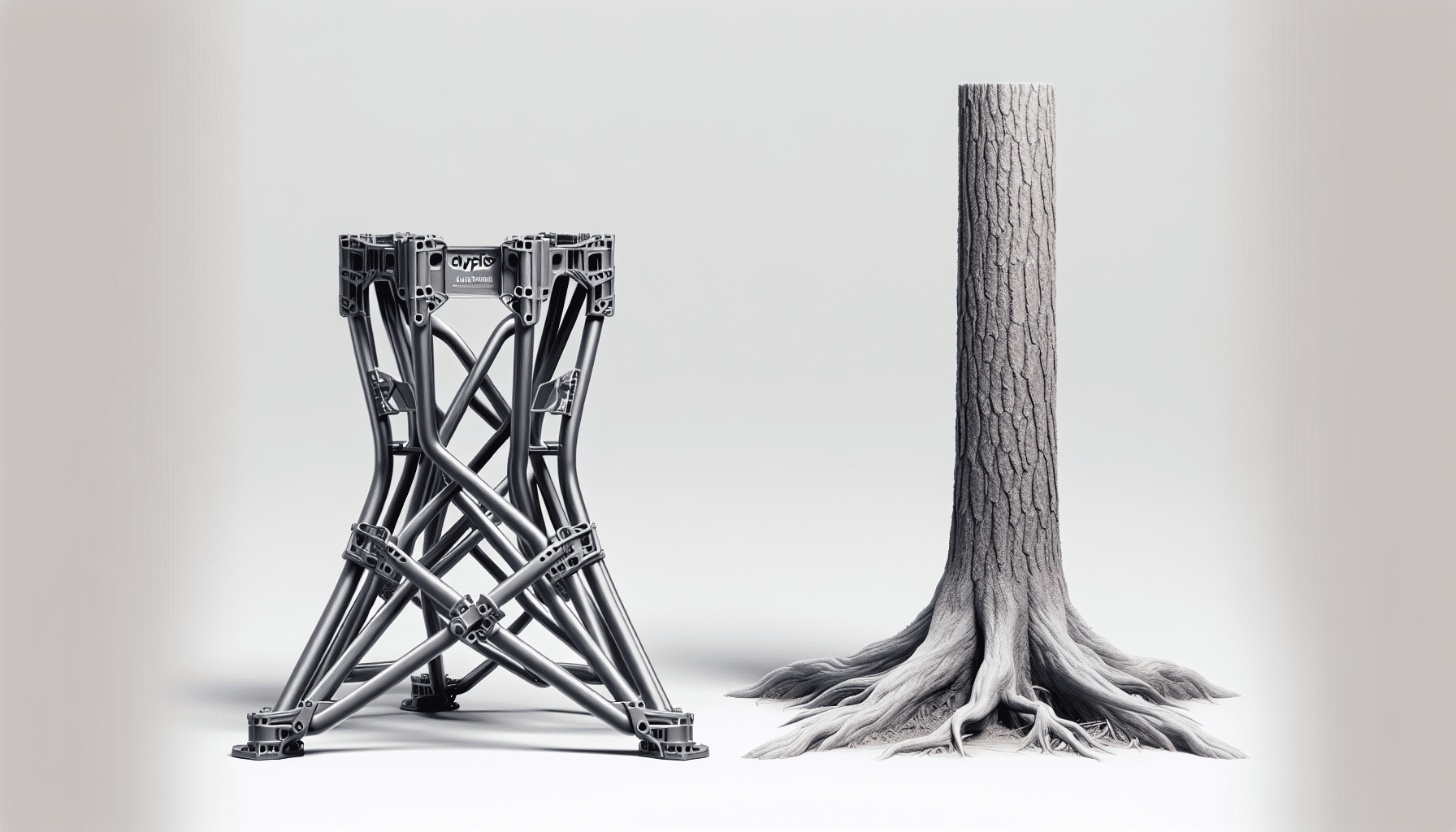 A hyperrealistic image showcasing a side by side comparison of two generic unbranded tree stands, one characterized by its sleek, simple design indicating its lightweight nature, and the other having a more robust structure but appearing to be slightly heavier. They are isolated on a white background. The first, on the left, appears slightly slim and utilizes minimal material - possibly made of lightweight metal or plastic construction, while the second, on the right, gives an impression of a rugged, all-terrain, and more solid build.