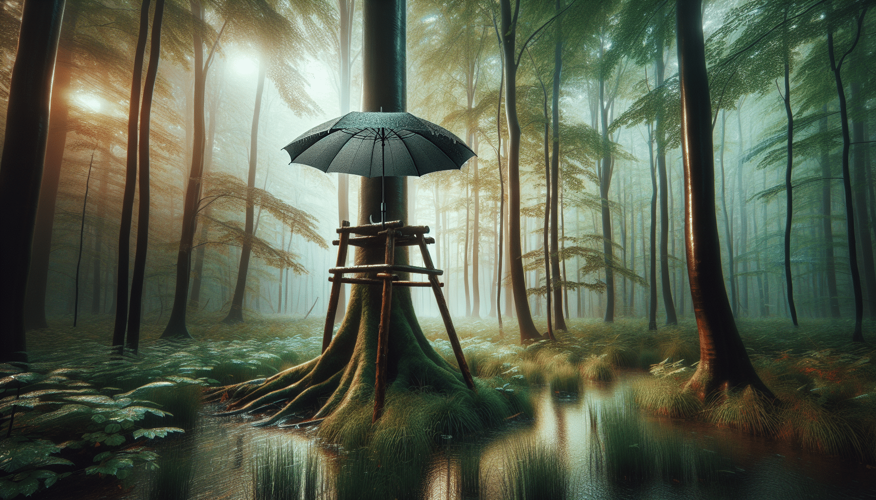 Generate a hyper-realistic image of a sturdy tree stand umbrella located in a vibrant, dense forest during a gentle rainfall. The umbrella is open, securely attached to a wooden tree stand high above the marshy forest floor. Divert attention to the water droplets cascading off the umbrella's edges, a cool mist hanging in the air around the stand, and the indistinct murmur of rainfall on lush foliage. Make sure there are no humans, text, or branding visible in the scene.