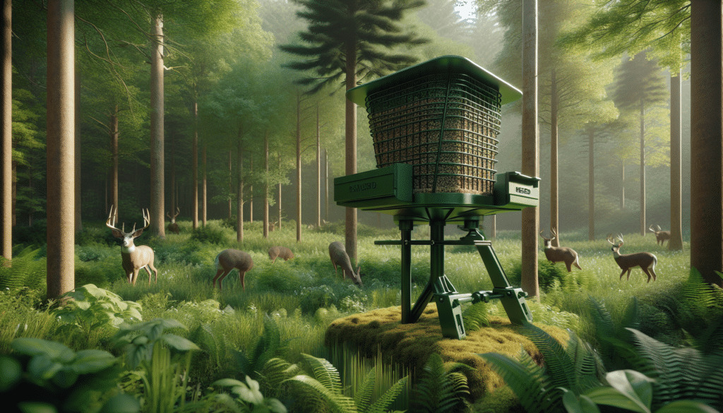 Render a hyper-realistic image of a gravity feeder designed specifically for deer and priced under 100 dollars. The gravity feeder ought to be situated in a calm, natural setting suggestive of a deer's natural habitat such as a dense forest with mature trees and various green foliage. The gravity feeder itself should appear made from eco-friendly materials, embodying the color tones of the environment for blendability. Please ensure there are no people, brand names, text, or logos in the image.