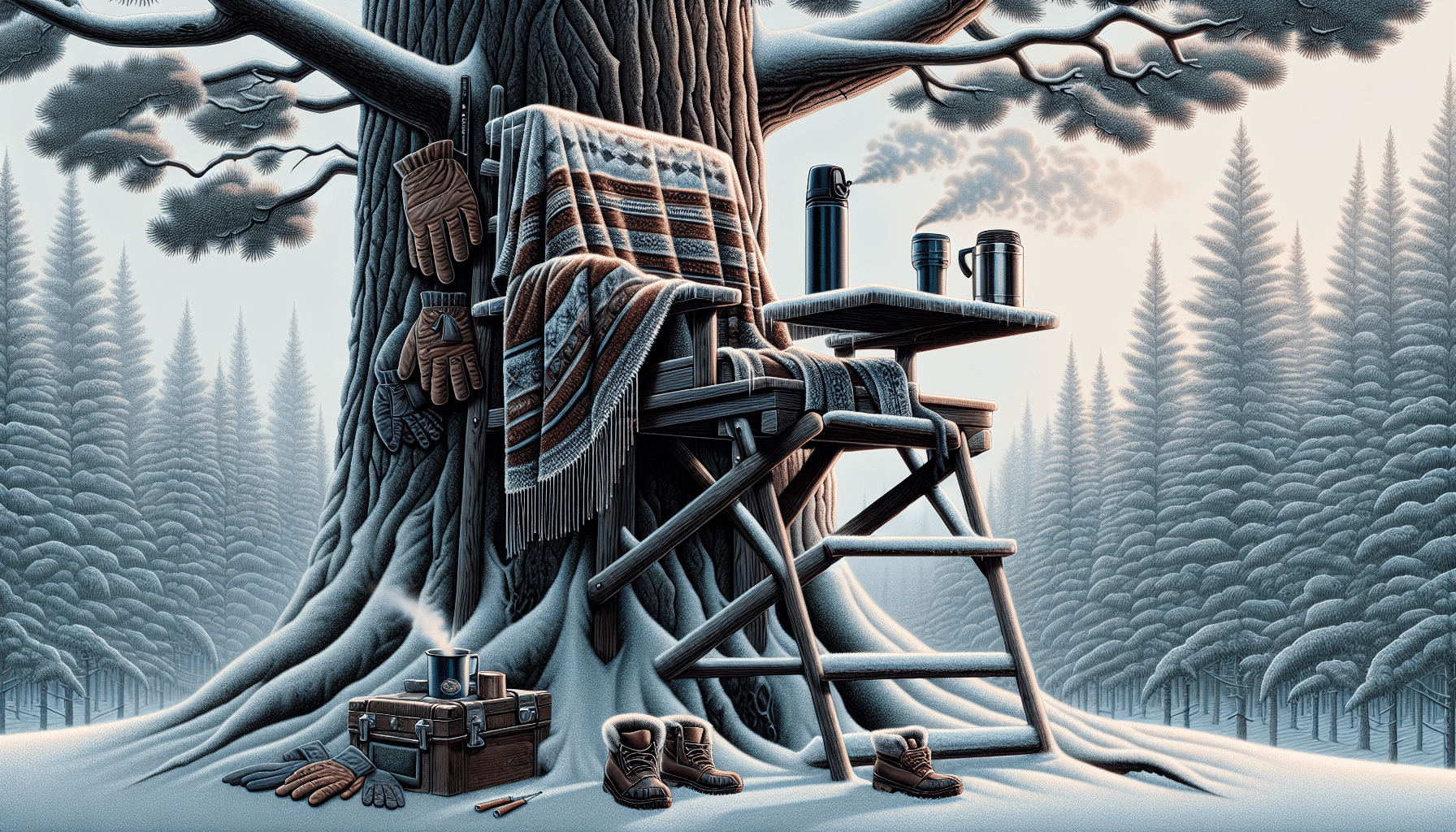 A meticulously detailed image that perfectly encapsulates the concept of staying warm while in a tree stand throughout the day - all without featuring any humans. The frame is filled with a towering, solid tree, its branches housing an empty tree stand. The stand is equipped with a thick, layered blanket draped over the backrest and a thermos steaming mist into the cold air, standing on the bench. To aid warmth, there are fingerless gloves and a fur-lined trapper hat on the seating area. Below, on the forest floor, traces of fresh snow add to the chilly atmosphere. All designs and items are completely generic, with absolutely no brand names or logos visible.