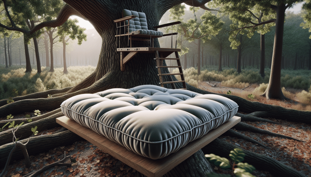 A hyper-realistic representation of a high-quality tree stand seat cushion laid out for display. The cushion is plump, with deep tufting to highlight its comfort and durability. It should be visualized as nestled within a tree stand, showcasing its compatibility. The surrounding scene is a quiet forest environment, showing the tree stand within the branches of a large, mature oak tree. The weather is perfect, sunny and crisp. The detailed texture of the tree bark, the vibrant leaves, and the nuanced shadow play can all be seen in the intricate image.