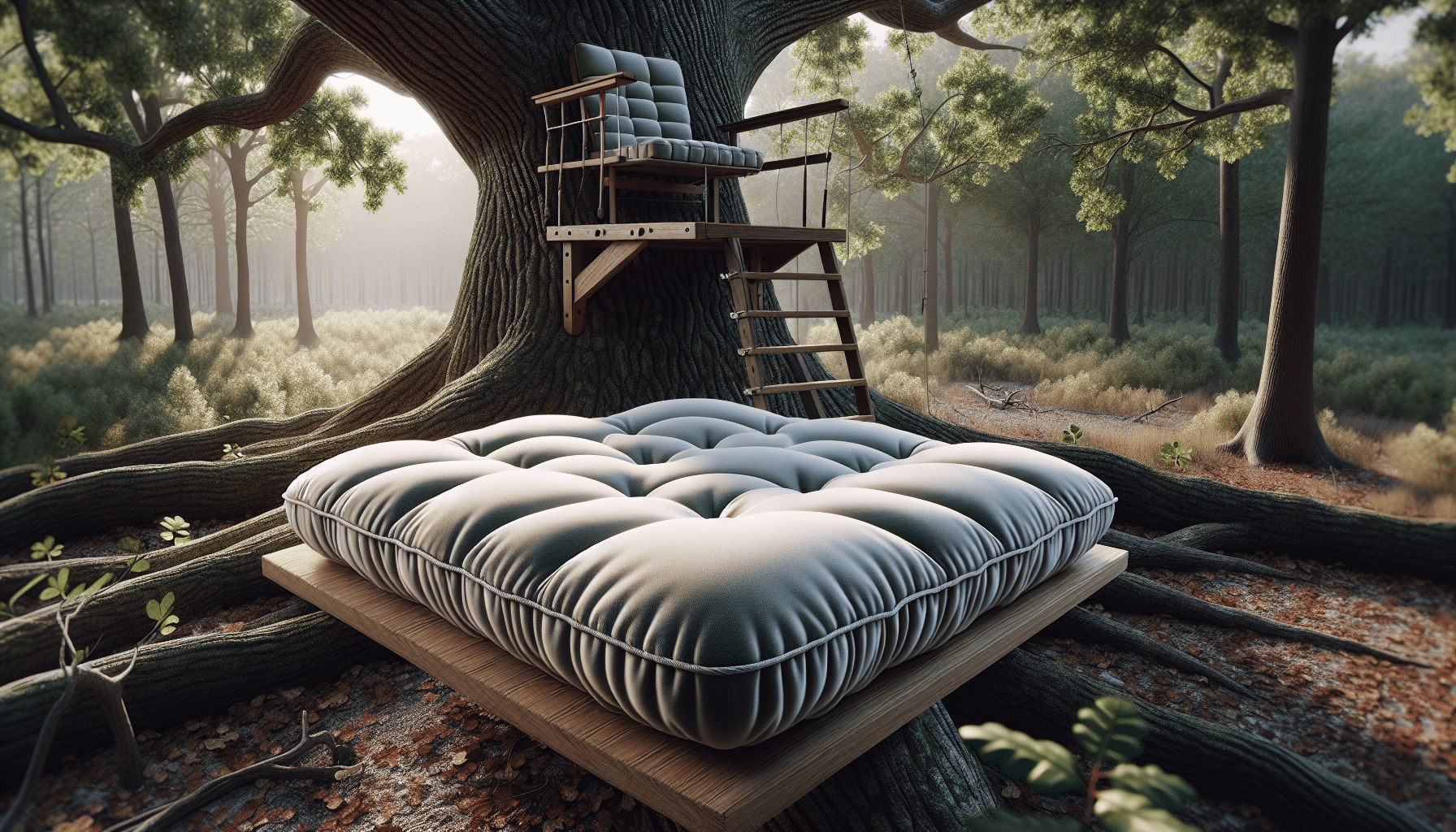 A hyper-realistic representation of a high-quality tree stand seat cushion laid out for display. The cushion is plump, with deep tufting to highlight its comfort and durability. It should be visualized as nestled within a tree stand, showcasing its compatibility. The surrounding scene is a quiet forest environment, showing the tree stand within the branches of a large, mature oak tree. The weather is perfect, sunny and crisp. The detailed texture of the tree bark, the vibrant leaves, and the nuanced shadow play can all be seen in the intricate image.