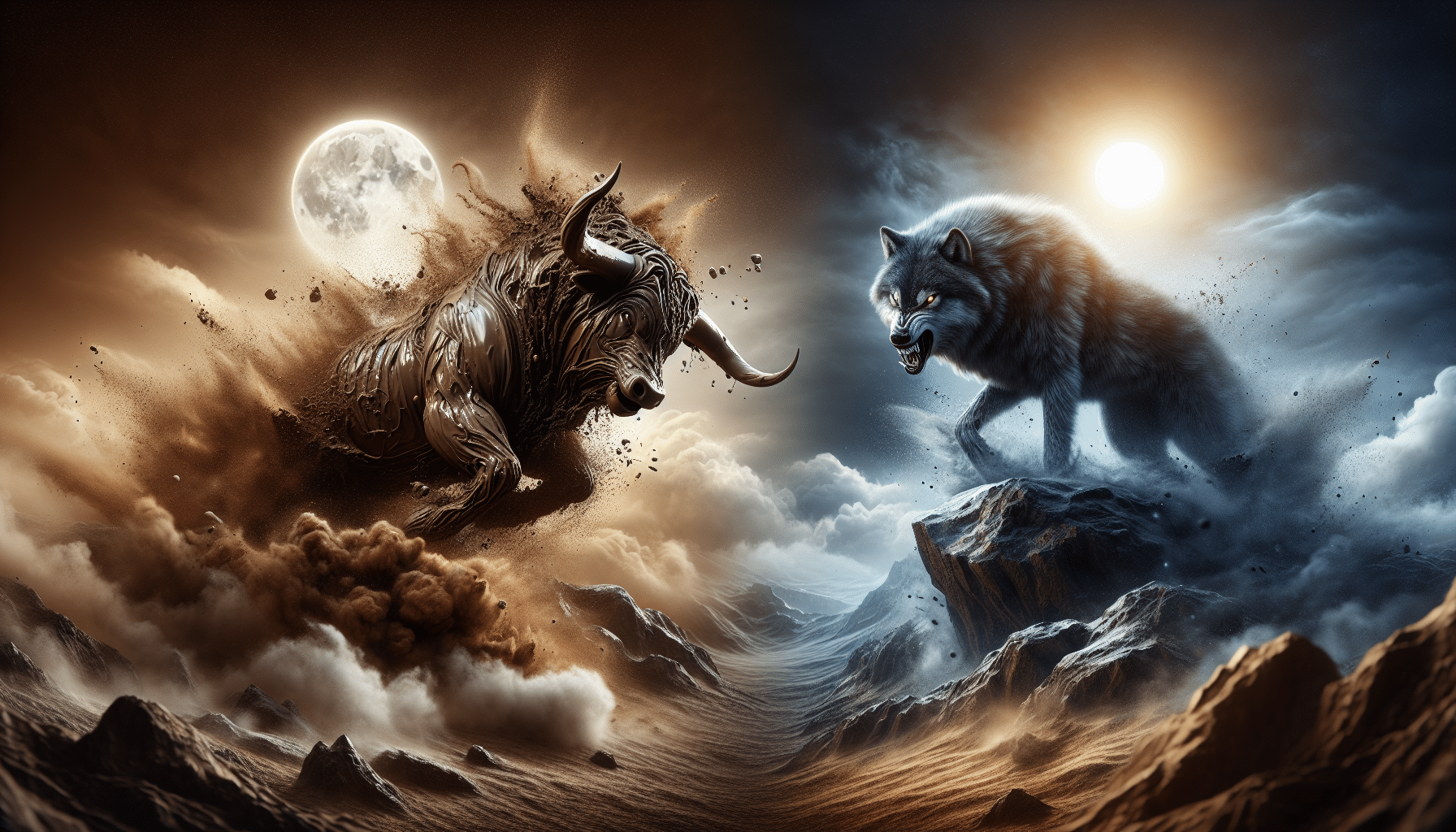A hyper-realistic landscape depicting two elemental supernatural entities: one shaped like a powerful bull caked in thick, rich mud, getting ready for a charge, and the other appearing as a bold lone wolf showing its teeth for assault. There are clouds of dust swirling around the bull, its body reflecting the shimmering sun off the mud. The wolf stands on a rocky outcrop, its fur glistening under the moonlight, with its eyes glowing with determination. Note the absence of any human figures, written text, or brand symbols.
