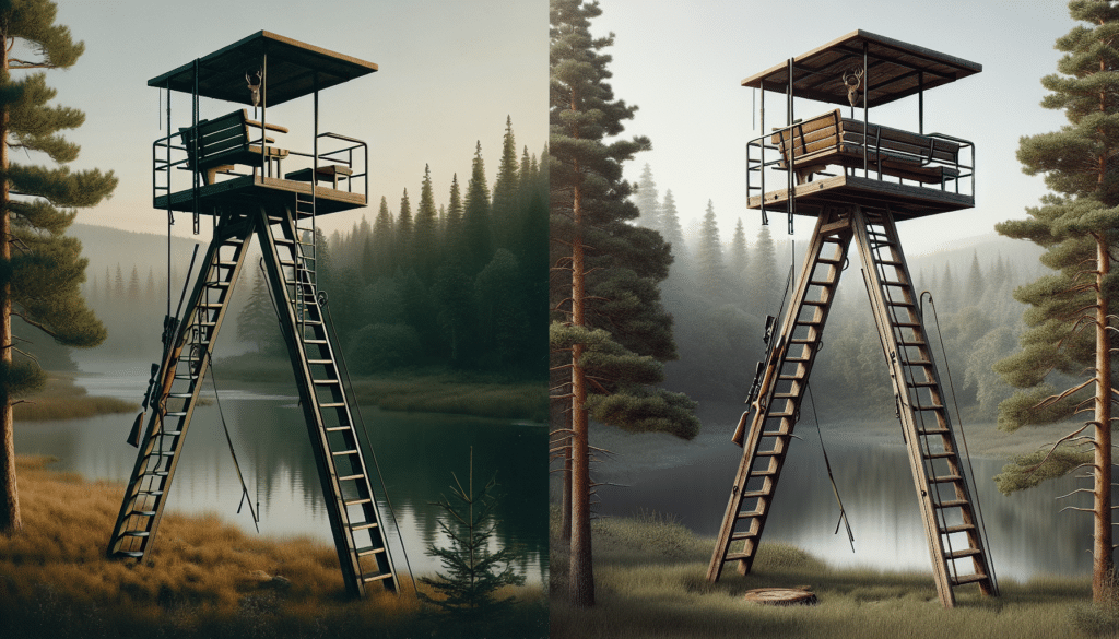 Create a hyper-realistic illustration of two different hunting ladder stands. One is located at the serene riverside, characterized by its simplistic design, slim profile, and a seat at the top. Its features should include a safety harness, gun rest, and a broad platform with handrails. The second one is placed in a dense forest and is a little more elaborate with a larger seat, more room to stand, and an enclosed viewing point at the top. Its features should also include a safety harness, gun rest, and a spacious platform. Remember to exclude any individuals, brand names, logos, and text from the image.
