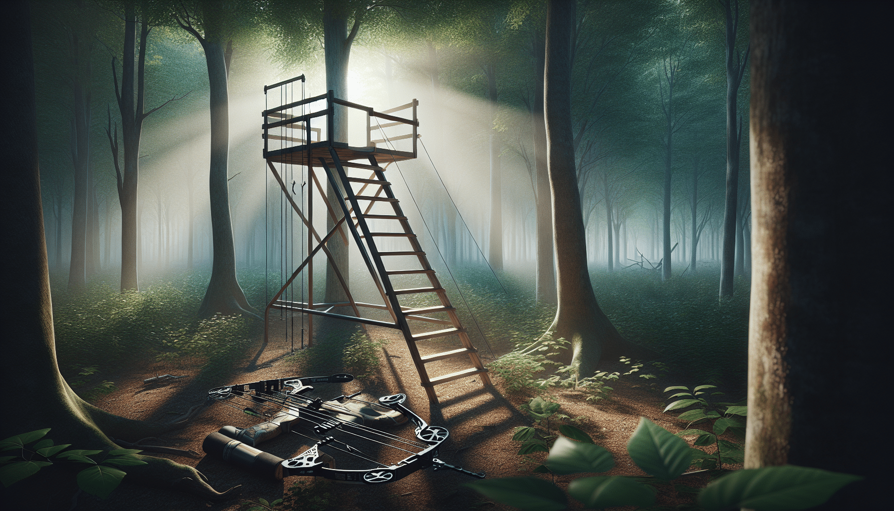 A hyper-realistic representation of a hunting scene devoid of human figures. The main focus is a sturdy ladder stand typically used in bow hunting, standing in the middle of a dense forest. The stand is wide enough to provide balance and support for the imagined hunter. Next to it lies an unbranded hunting bow and other paraphernalia, discarded momentarily. The sun filters through the rustling leaves above creating a beautiful play of light and shadow on the forest floor. Subtly depict the silhouette of a deer in the distance to subtly suggest the hunting scenario. There are no labels, text, or branding anywhere in the scene.