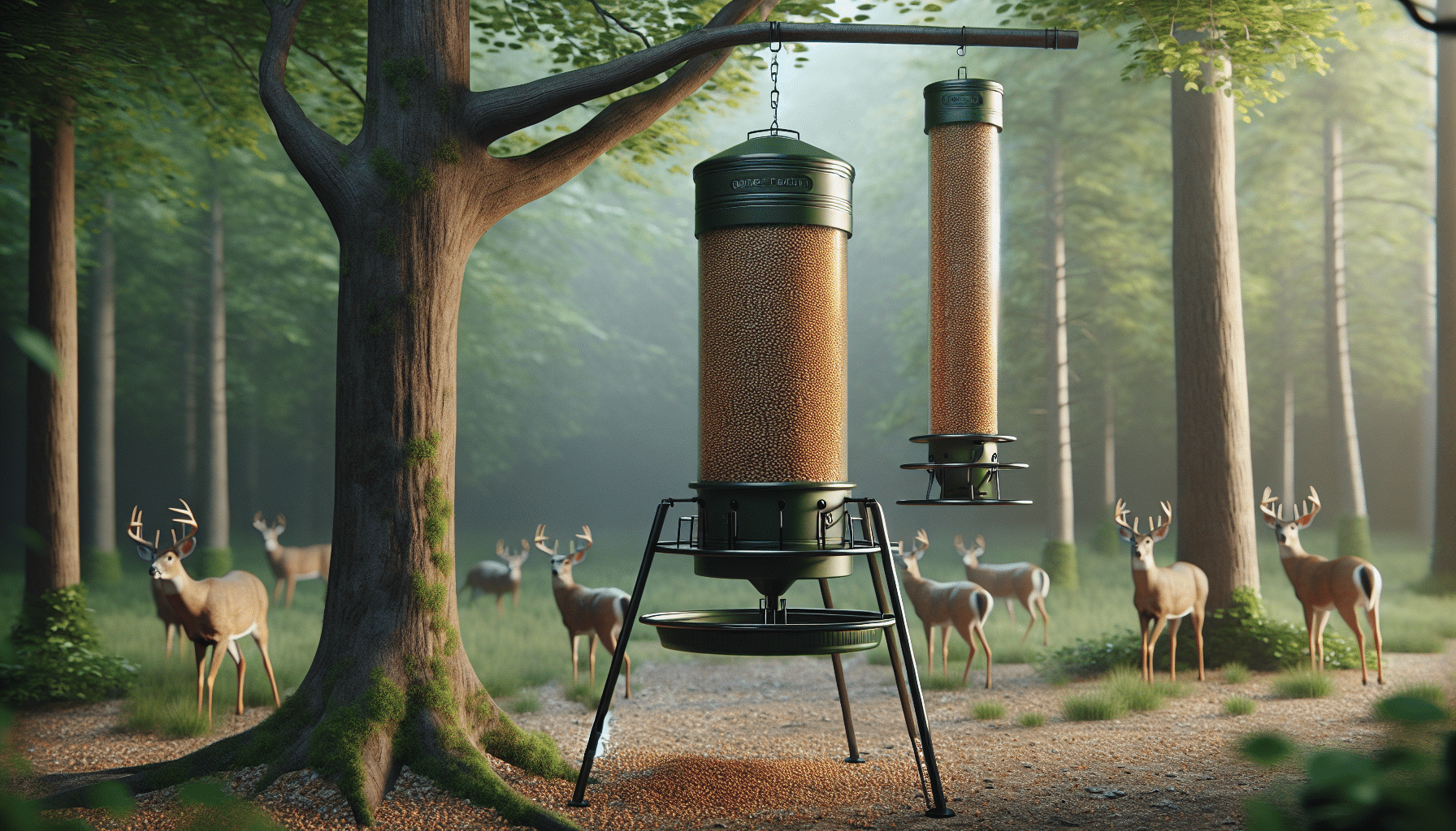 A hyper-realistic depiction of two common types of deer feeders in a tranquil forest setting. The first feeder is a cylindrical hanging feeder, suspended from a sturdy tree branch, filled with nutritious grain. It's enveloped in easily accessible feeding ports that the deer can nibble from. The second feeder is a tripod feeder standing on three robust legs. The feeder has a large, cylinder-shaped container perched on top of it, equipped with a spinning dispenser at the bottom which periodically dispenses feed onto the ground. No presence of humans, text, brand names, or logos.