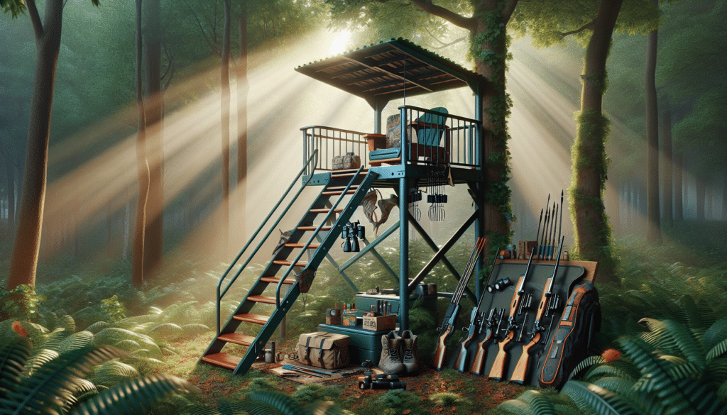 A hyper-realistic depiction of a sturdy, well-designed two-person ladder stand situated in a lush forest setting. Near the stand, there's a vibrant assortment of hunting paraphernalia, including a hunting bow, a set of binoculars, and a pack full of essential tools for the hunt. The stand's design is family-friendly and safe, with extra-wide seating, robust guardrails, and a staircase that is easily accessible for both adults and kids. The sunbeams dance gently through the leafy canopy above, casting a rich pattern of shadows and light on the entirety of the scene.