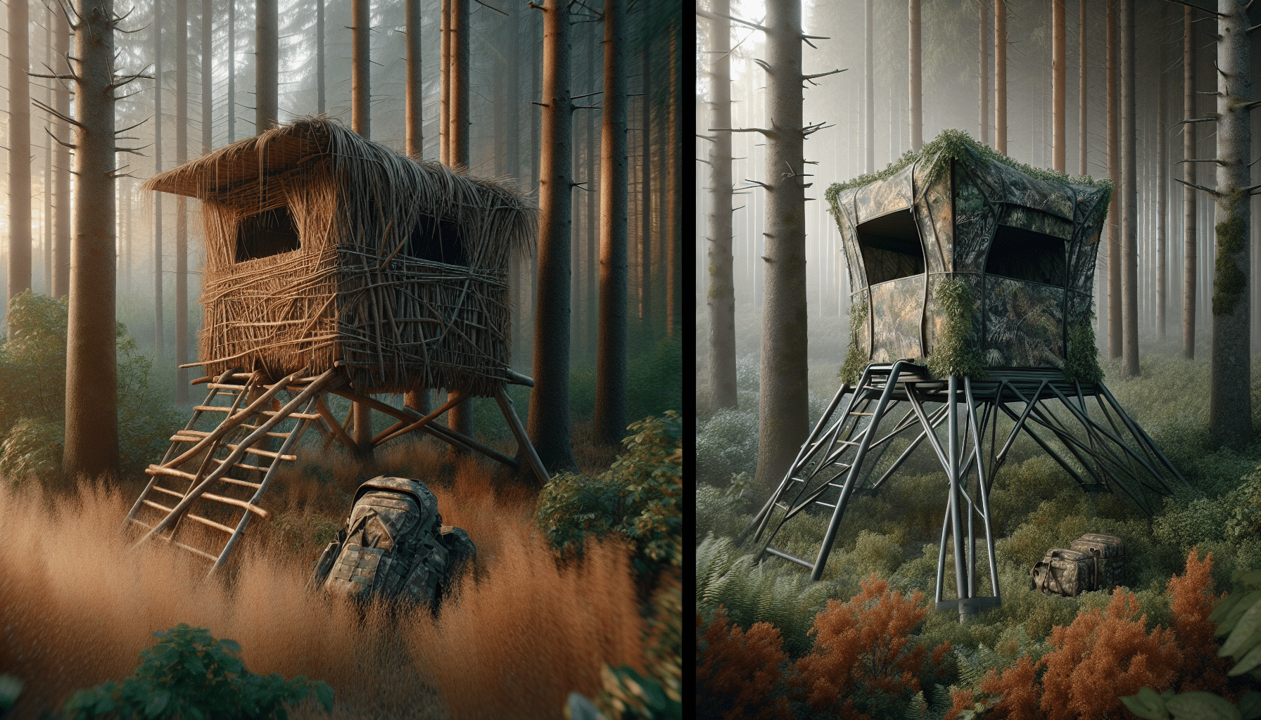 Craft a hyper-realistic image of two different styles of hunting blinds, devoid of any human presence. On the left, visualize a traditional makeshift hunting blind commonly found in rural settings, made from natural materials like branches, leaves, and grasses. On the right, portray a contemporary, professional hunting blind, showcasing a sleek and practical design, constructed from modern materials like metal and camo print fabrics. Neither blind should bear any signs, logos, or marks that could suggest a specific brand. The surroundings should be dense forest, beautifully detailed to capture the realism and authenticity of a genuine hunting environment.