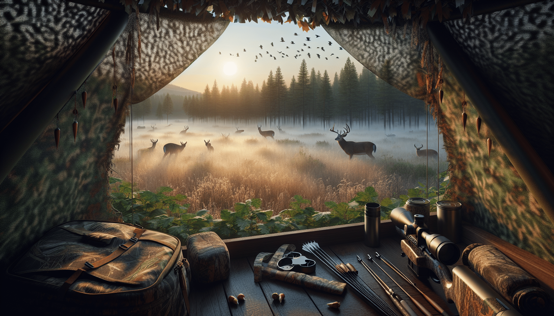 Create a hyperrealistic sunrise scene in the wilderness. The viewpoint is from within a camouflage ground blind, offering a panorama of the woods. A dew-kissed open clearing with tall grass is partially covered by early morning mist, while the sun just begins to peak over the horizon, casting a soft glow on the forest around. Animals are milling around, deer nibbling on the misty meadow grass, squirrels foraging for acorns, bird silhouettes fluttering in the sky. We see various hunting accessories without brand logos: a bow, broadhead arrows, binoculars, and a thermos of coffee positioned strategically inside the tent.