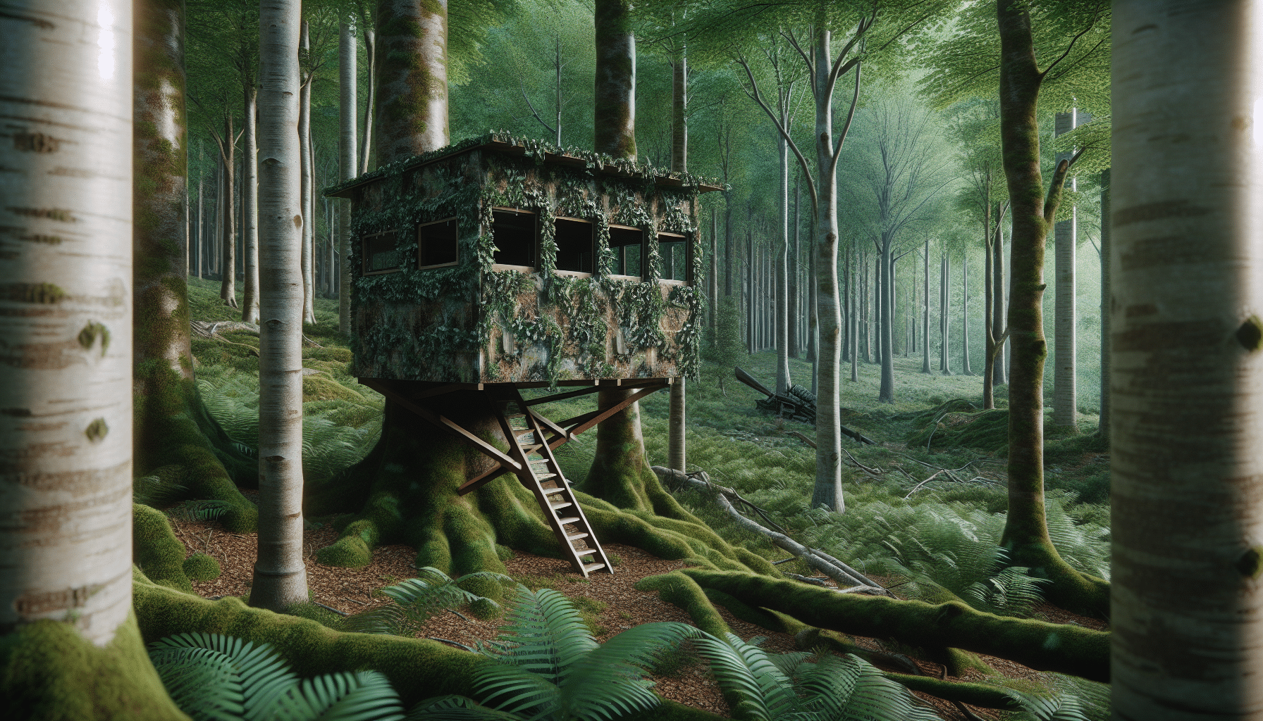 A hyper-realistic image of a deer blind situated in a lush, dense and tranquil forest environment. The deer blind is well-camouflaged with natural elements such as tree bark, leaves and moss. It features numerous carefully positioned windows that demonstrate ample visibility into the surrounding forest, yet maintaining a low profile for hunting safety. However, the particular count of the windows is left ambiguous to stimulate viewers' curiosity. The scene is devoid of human presence, text, logos, or any form of branding, focusing purely on the tranquility and reality of the natural hunting environment.
