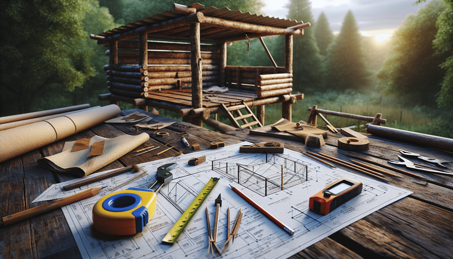 A hyper-realistic image depicting the process of creating a do-it-yourself deer blind. The scene includes detailed plans which consist of drawn schematics, measurements and materials needed to construct the blind, laid down on a rustic wooden table. Tools such as a brightly colored tape measure, a pencil, and a compass are strewn across the table, as well as cut out pieces of canvas and wooden dowels. The setting is an outdoor workspace with natural daylight highlighting the details of the project. A partially built deer blind in the background ties all elements of the scene together.