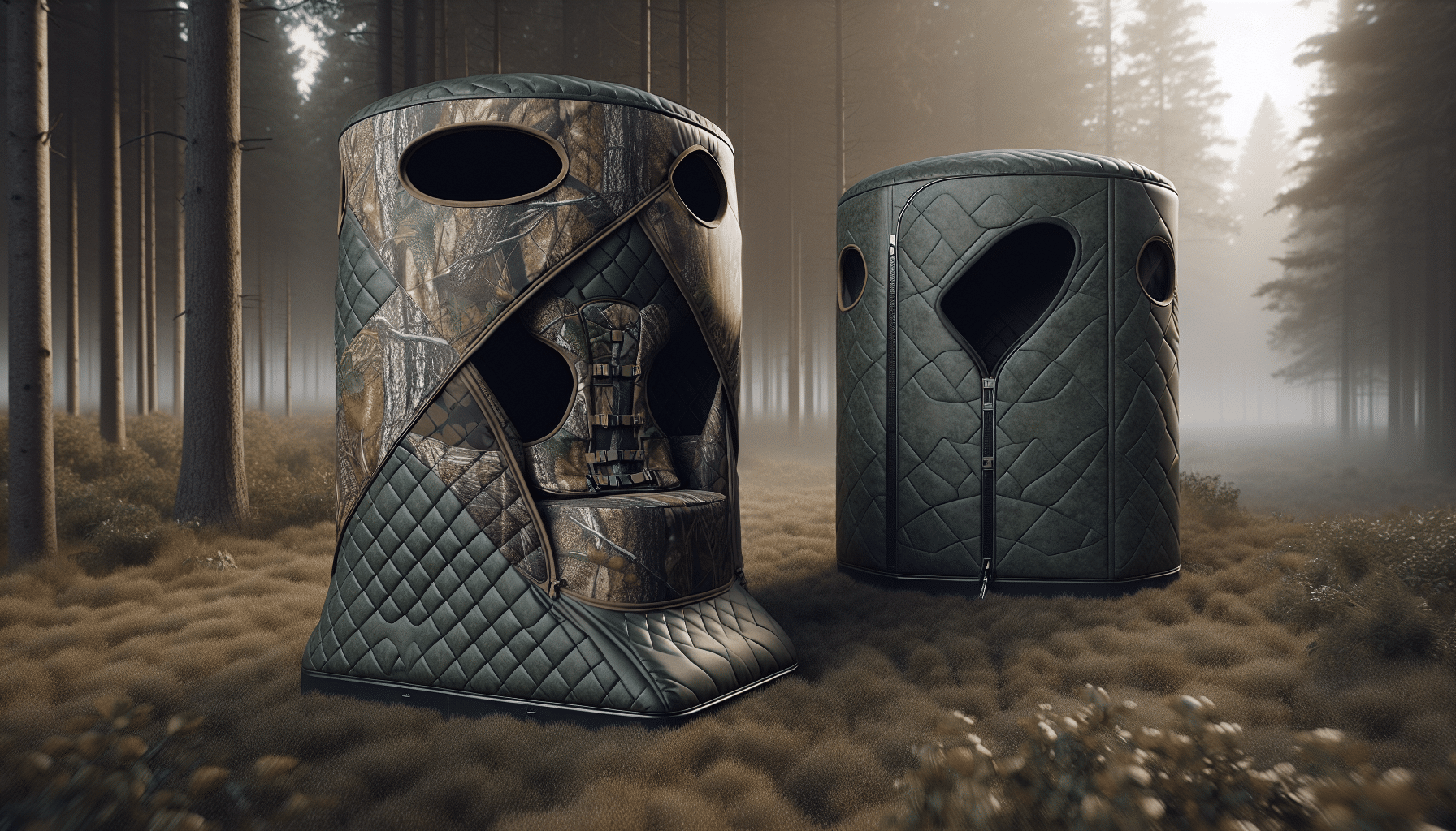 A hyper-realistic image of two distinct hunting blinds, devoid of any brand names or logos. The one on the left is robust, constructed of dark green quilted material with a circular entrance that is shut in the midsection and has a peek window. The blind on the right is slightly more lightweight, made of slightly lighter matte green fabric with tan and black patterns, featuring a rectangular door that zips in half and also having a peek window. Both are set against a serene forest backdrop, highlighting their camouflage designs.