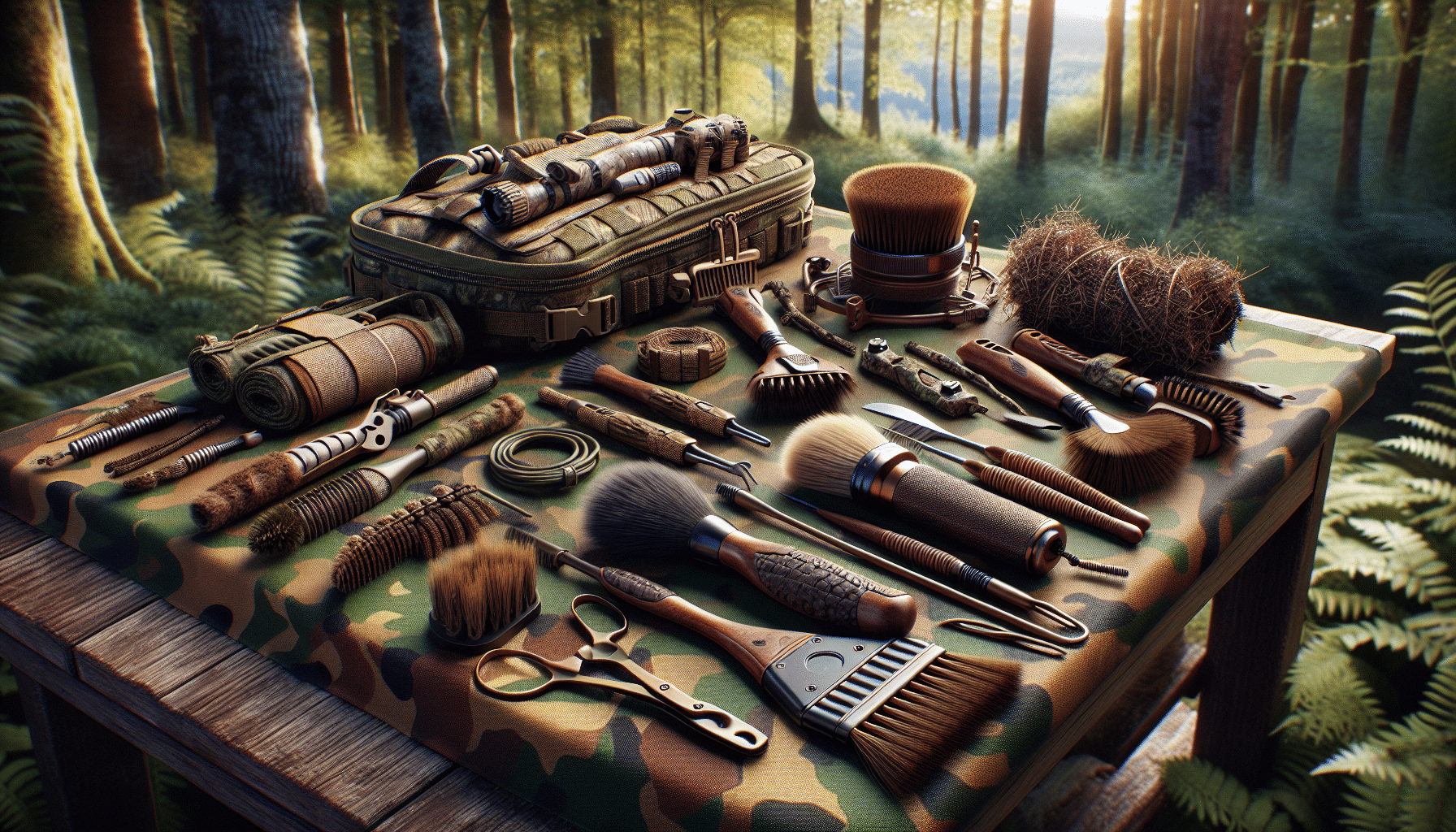 Hyper-realistic depiction of a top-rate ground blind brush-in kit. The image should showcase a selection of tools intended for deploying and concealing ground blinds in the wilderness. There should be a variety of brushes sized for different tasks, small twigs, and brown and green camouflaging material. The items should be organized neatly, perhaps spread out on a camouflage patterned tablecloth atop a wooden table with a lush forest backdrop. The design and details should stand out, emphasizing the discerning quality and practical utility of the items. No brand names, logos, text, or humans should be present in the image.
