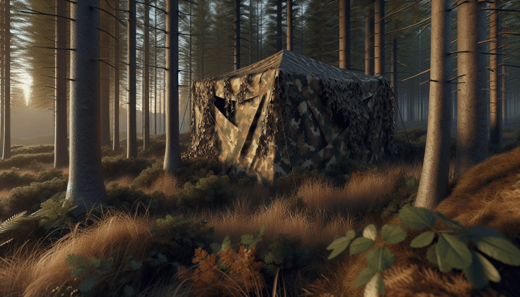 Hyper-realistic depiction of a camouflage ground blind in a dense forest setting during the dusk. It is nestled amongst the trees and foliage, effectively reducing its silhouette. Use neutral earth tones like browns and greens to further blend in with the surroundings. Shadows from surrounding trees are utilized to lessen the visibility even further. There are no brand names, or logos present. No people in the image, only signs of human presence like well-trampled grass near the blind.