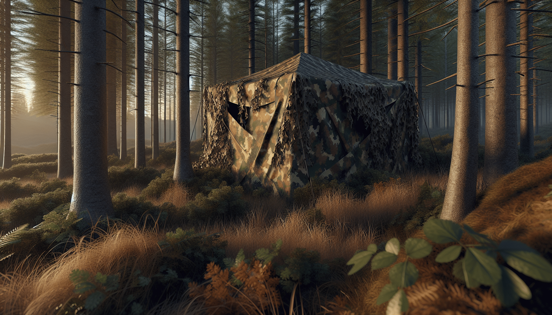 Hyper-realistic depiction of a camouflage ground blind in a dense forest setting during the dusk. It is nestled amongst the trees and foliage, effectively reducing its silhouette. Use neutral earth tones like browns and greens to further blend in with the surroundings. Shadows from surrounding trees are utilized to lessen the visibility even further. There are no brand names, or logos present. No people in the image, only signs of human presence like well-trampled grass near the blind.