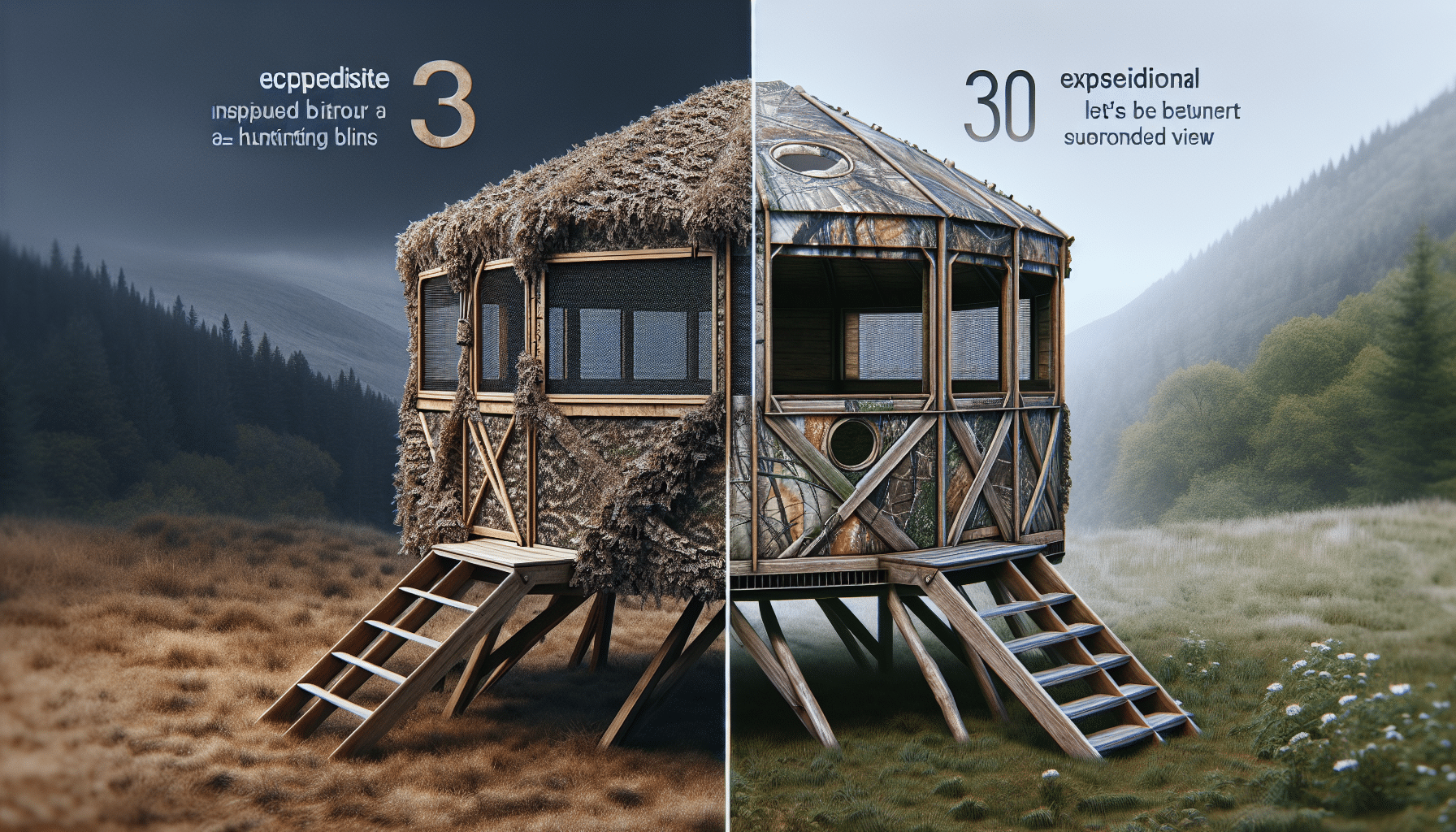 Generate a hyper-realistic image representing a comparison between two types of hunting blinds. On the left, depict a large camouflaged blind with an all-around view, inspired by a feedback from some popular hunting blind but without any branding or logos. The blind should have enough space for at least 2-3 people and mesh windows for 360-degree view. On the right, let's have a round blind with surrounding view. It should be in a dissimilar design but still realistic and non-branded, also with window openings all around. No humans should be present in the image. Emphasize exceptional detailing, natural camouflage, material textures, and the relationship between the two items to imply a comparison.